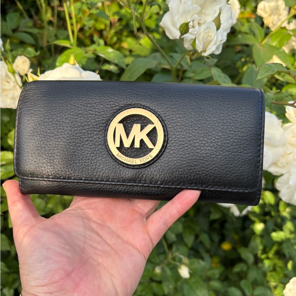 Michael Kors Black Leather Wallet with Gold-Tone Hardware